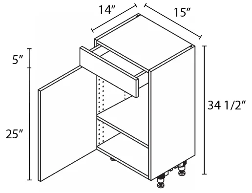 Wholesale Kitchen Cabinets, Frameless Shaker, 15" Base Cabinet, 14" shallow depth, soft close door and drawer by Cassarya Cabinetry