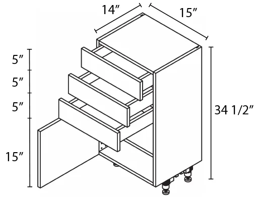 Wholesale Kitchen Cabinets, Frameless Shaker, 15" Base Cabinet, 3 drawers, 14" shallow depth, soft close door and drawer by Cassarya Cabinetry