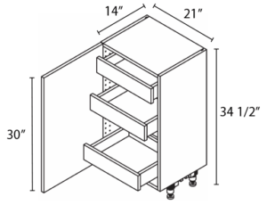 Wholesale Kitchen Cabinets, Frameless Shaker, 21" full height base cabinet, 14" shallow depth with inner drawers, soft close door by Cassarya Cabinetry.