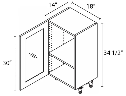 Wholesale Kitchen Cabinets, Frameless Shaker, 18" full height base cabinet, 1 glass door, 14" shallow depth, soft close door by Cassarya Cabinetry.