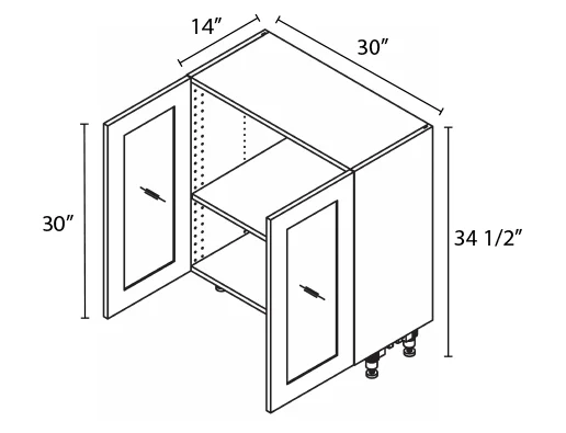 Wholesale Kitchen Cabinets, Frameless Shaker, 30" full height base cabinet, 2 glass doors, 14" shallow depth, soft close door by Cassarya Cabinetry.