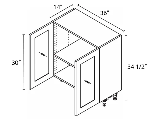 Wholesale Kitchen Cabinets, Frameless Shaker, 36" full height base cabinet, 2 glass doors, 14" shallow depth, soft close door by Cassarya Cabinetry.