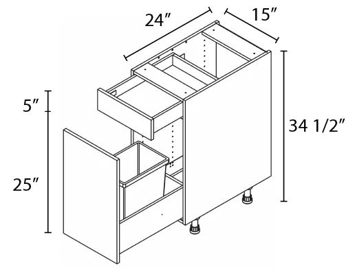 Wholesale Kitchen Cabinets, Frameless Shaker, 15" Base Pullout 1 Drawer 1 Pullout Waste Bins, soft close drawers, by Cassarya Cabinetry.