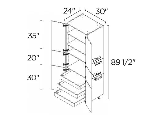 Wholesale Kitchen Cabinets, 30" wide, 89.5" tall cabinet with inner drawers, soft close doors by Cassarya Cabinetry