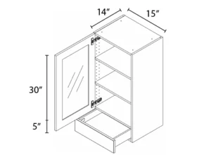 Wholesale Kitchen Cabinets, Frameless Shaker, 15" Wide Glass Wall Cabinet, 35" High by 14" Deep, soft close door and drawer, by Cassarya Cabinetry.