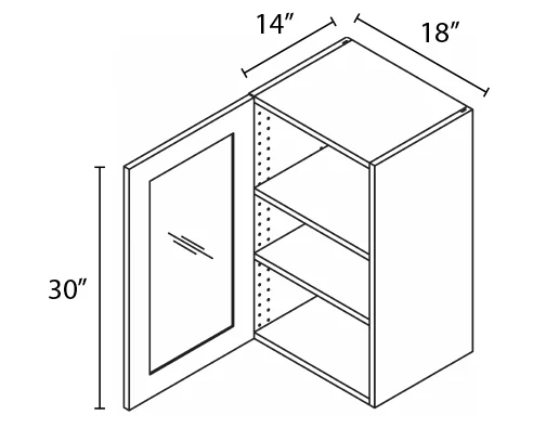 Wholesale Kitchen Cabinets, Frameless Shaker, 18" Wide Wall Cabinet 1 glass doors, 30" High by 14" Deep, soft close doors by Cassarya Cabinetry.