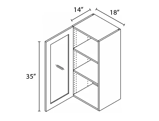 Wholesale Kitchen Cabinets, Frameless Shaker, 18" Wide Wall Cabinet, 1 glass door, 35" High by 14" Deep, soft close door, by Cassarya Cabinetry.
