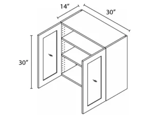 Wholesale Kitchen Cabinets, Frameless Shaker, 30" Wide Wall Cabinet 2 glass doors, 30" High by 14" Deep, soft close doors by Cassarya Cabinetry.