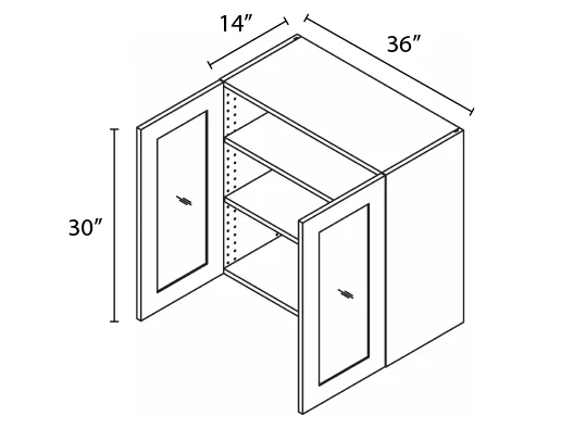 Wholesale Kitchen Cabinets, Frameless Shaker, 36" Wide Wall Cabinet 2 glass doors, 30" High by 14" Deep, soft close doors by Cassarya Cabinetry.