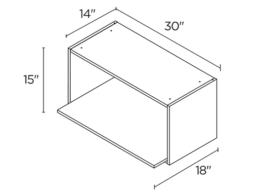 Wholesale Kitchen Cabinets, Frameless Shaker, 30" Wide Wall Microwave Shelf, 15" High by 14" Deep. Total shelf depth is 18" Deep, by Cassarya Cabinetry.