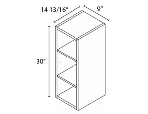Wholesale Kitchen Cabinets, Frameless Shaker, 9" Wide Wall Cabinet, open shelf, 30" High by 14 13/16 Deep, by Cassarya Cabinetry.