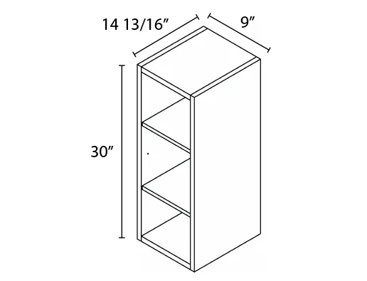 Wholesale Kitchen Cabinets, Frameless Shaker, 9" Wide Wall Cabinet, open shelf, 30" High by 14 13/16 Deep, by Cassarya Cabinetry.